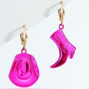 Trendy Electric Pink Cowgirl Earrings Boot Hat Glamorous Party Gift Outside